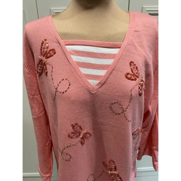 Quacker Factory Pink Butterfly Knit Sweater Top Size XL Beaded  Sequin Whimsical - Picture 2 of 8